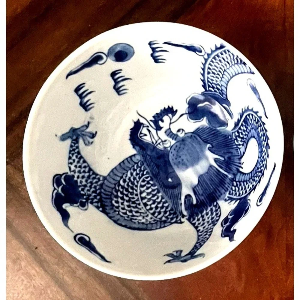 Vtg Chinese Blue & White Porcelain‎ Dragon Bowl w/ Bottom Markings